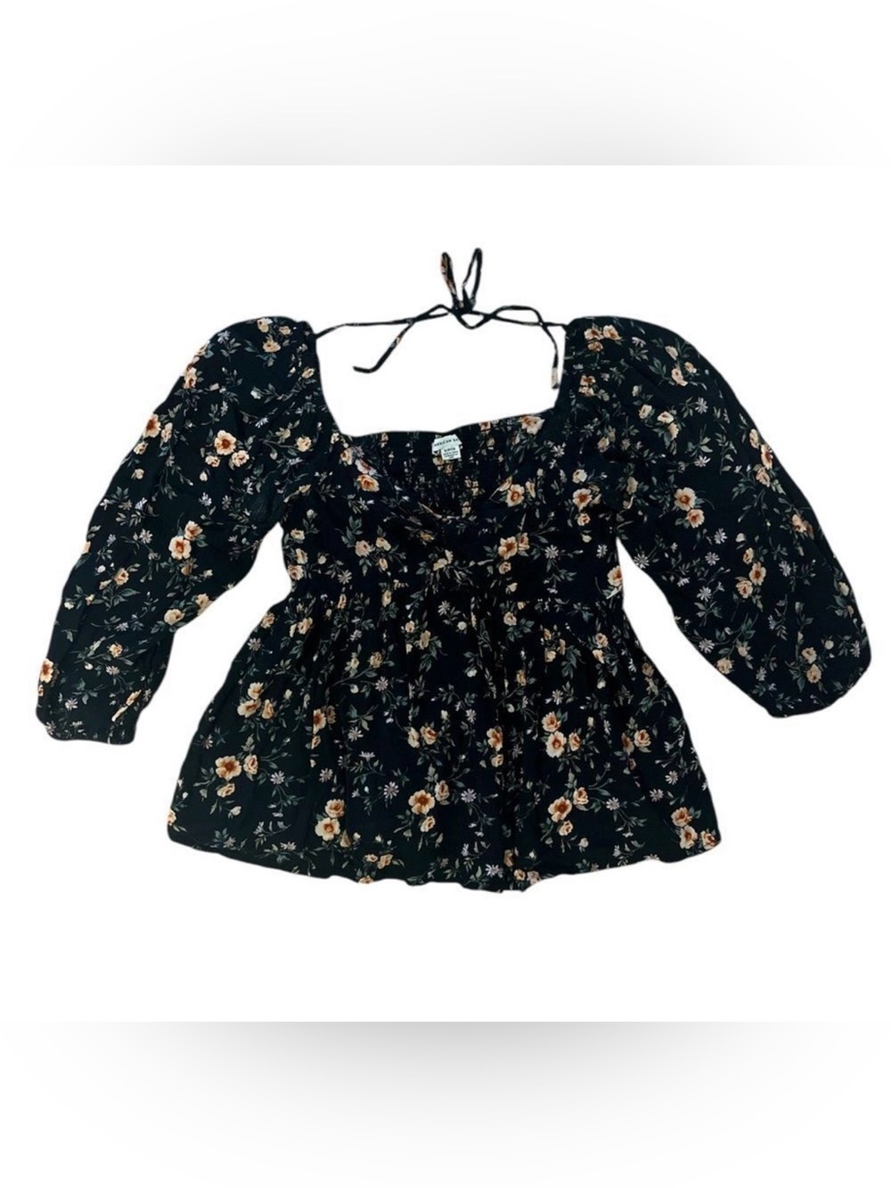American Eagle Black Floral Puff Sleeve Blouse